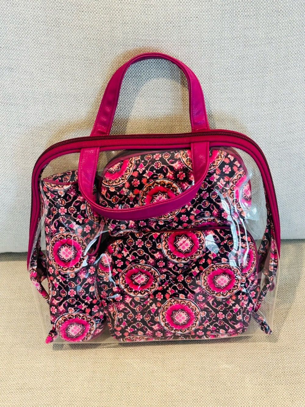 Vera Bradley Four piece Cosmetic Organizer Travel Set in Raspberry Medallion.
